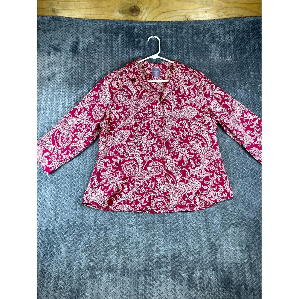 Laura Scott Shirt Womens Petite Large Red White Paisley Button Up Casual Outdoor
